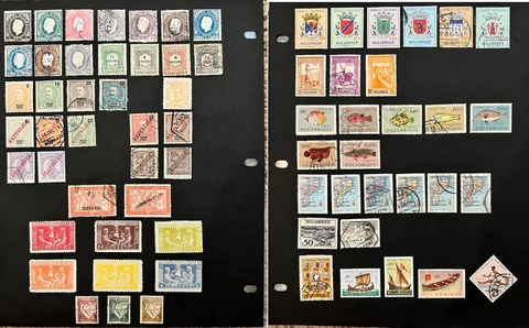 MOZAMBIQUE LOT OF STAMPS ON PAGE, SCARCE, EARLY, FISH, MAPS, SHIELDS, OVERPRINTS Cover