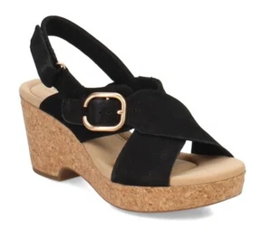 Neu Clarks Damen Giselle Taube Leder Keilsandale schwarz Größe 8M - Bild 1 von 6