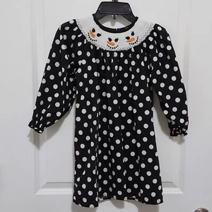 Girl's 6-7 Cotton Black Polka Dot Dress Smocked Neck Embroidered Snowmen Faces - Picture 1 of 7