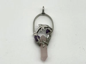 Vintage Sterling Silver Dolphin Pendant Amethyst, Crystal & Pearl - Picture 1 of 11