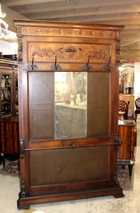 Large French Renaissance Hall Tree | Antique Walnut Coat Rack with Mirror - Picture 1 of 15