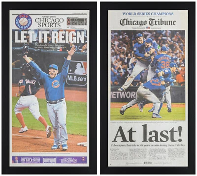Impresiones de periódicos de la Serie Mundial de los Chicago Cubs 2016 enmarcadas el 3 de noviembre de 2016 Foto 1 de 4