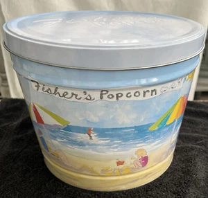 POPCORN TIN FISHER’S POPCORN 8.5” (EMPTY)BEACH THEME - Picture 1 of 10