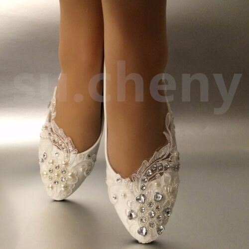 su.cheny blanc clair ivoire dentelle perle coeur strass plat chaussures de mariage