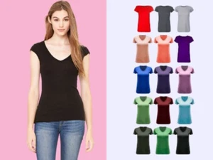 WOMENS LADIES CASUAL CAP SLEEVE PLAIN V NECK BASIC STRETCHY JERSEY T SHIRT - Picture 1 of 22