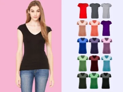 WOMENS LADIES CASUAL CAP SLEEVE PLAIN V NECK BASIC STRETCHY JERSEY T SHIRT - Image 1 of 2