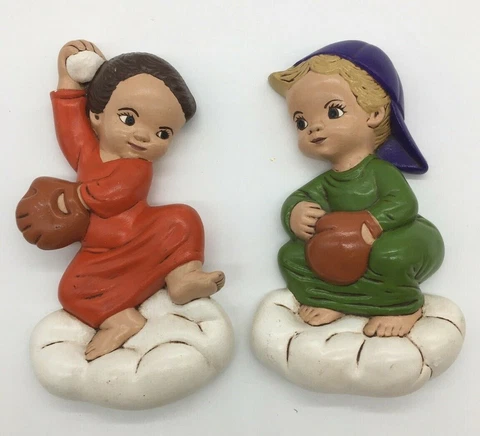 Vintage Two Kids' Baseball Player Ceramic Wall Hangings D7 Cover
