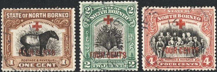 BORNEO NORTE, 1918. Semi-postales B31-33 (3), usados Foto 1 de 1