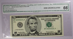 $5 1999 Federal Reserve Note Withrow -Summers CGA Gem Uncriculated 66 - Picture 1 of 4