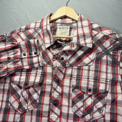 Camisa Ariat feminina XL vermelha pérola botão de pressão ocidental ajuste retrô xadrez de vaqueira - Imagem 1 de 4