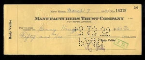 BENNY KRUEGER JAZZ SAXOPHONIST AUTOGRAPHED CHECK FROM 1935 RUDY VALLEE BENNIE - Picture 1 of 2