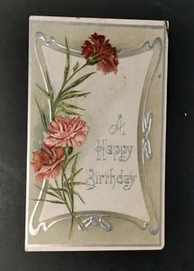 ATQ Happy Birthday Postkarte Nelken geprägt rot silber weißer Rand - Bild 1 von 2