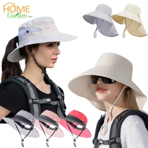 Women's Summer Bucket Hat Ponytail Wide Brim Neck Flap Sun Beach UV Protection - Picture 1 of 21