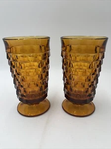2 Vintage Amber Indiana Glass Whitehall Colony Cubist Footed Tea Glasses Tumbler - Picture 1 of 7