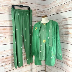 Conjunto de traje pantalón vintage Lihli Saks Fifth Avenue de 4 piezas verde floral pierna ancha - Imagen 1 de 15