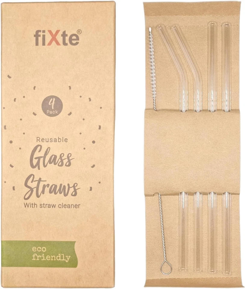 FIXTE Glass Drinking Straws Eco Friendly Reusable Party With Cleaning Brush Pack Of 4