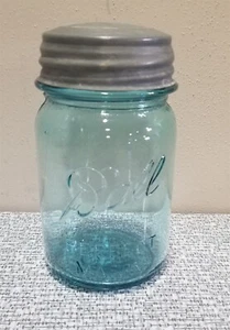 Vintage c.1923-1933 BALL PERFECT MASON AQUA BLUE PINT Canning JAR #3 w/ Zinc Lid - Picture 1 of 9