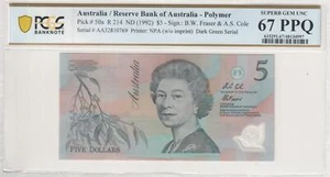 Australia 1992 Fraser Cole $5 Banknote PCGS Superb Gem 67 PPQ - Picture 1 of 2