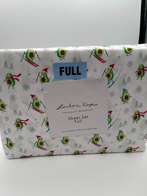 NEW London Kaye FULL Sheet Set Christmas Avocados Skiing Santa Hat 4 Piece Set - Image 1 of 4