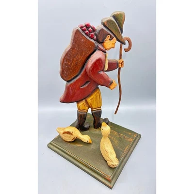 Figura de madera tallada a mano de colección pastor granjero hombre patos arte popular firmado Foto 1 de 4