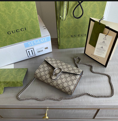 Gucci Dionysus GG Supreme Mini Borsa a Catena Tela Ebano Beige Autentica