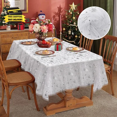 Sheer Fabric Tablecloth 60 X 120 Inch – Silver Snowflakes Organza Tablecloth for - Image 1 of 4
