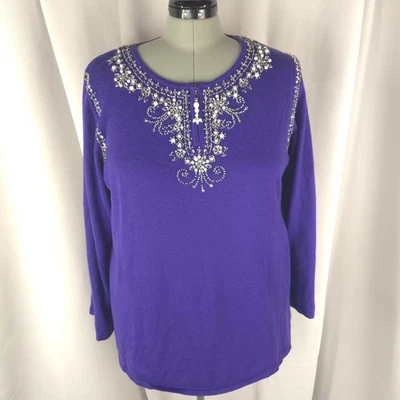 Quacker Factory Sweater Womens 1X Purple Embellished Beaded Long Sleeve Festive - Image 1 of 4