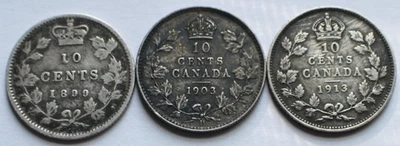 1899 Small 9, 1903-H, 1913 Canada 10 Cents Silver coins VG/F, Three Canadian 10C - Image 1 of 4
