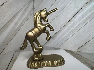Vtg Solid Brass Unicorn Mythical Horse Rearing Up Statue Figurine On Base - Picture 1 of 5
