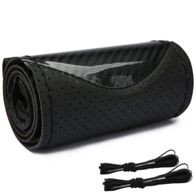 Glossy Carbon Fiber Car Steering Wheel Cover Hand Sewing Breathable Leather 15in - Image 1 of 4