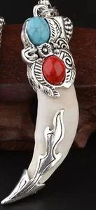 wolf fang pendant Turquoise Inlay, with necklace cord - Picture 1 of 4