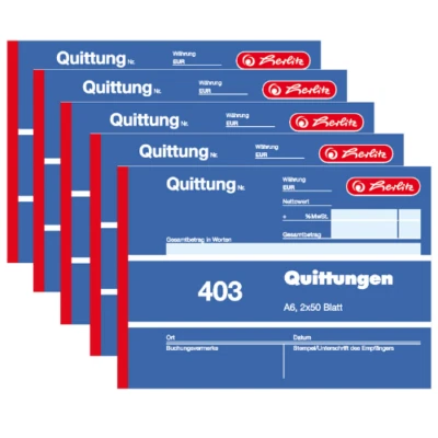 5 x herlitz 403 Quittung Formularbuch Quittungsblock DIN A6 2 x 50 Blatt