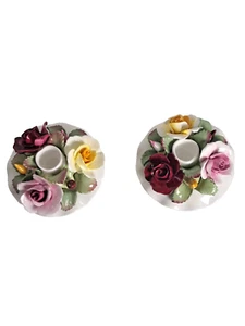 VTG. AYNSLEY England Bone China Flowers Pair of 2 Taper Candle Holders - Picture 1 of 6