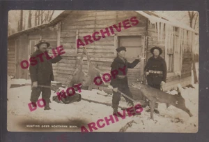 Minnesota RPPC c1910 DEER HUNT Hunting Scene RIFLES Camp Shack DEAD DEER Snow MN - Picture 1 of 4