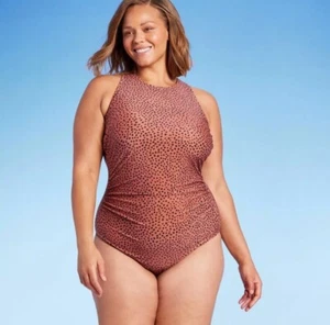 Kona Sol Women's High Neck One Piece Swimsuit Ruched Full Coverage Swimwear, 17 - Picture 1 of 6