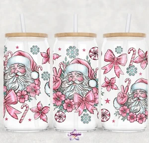 16 oz Santa UV DTF Transfer - Christmas Pink & Teal Design for Glass Can Tumbler - Picture 1 of 1