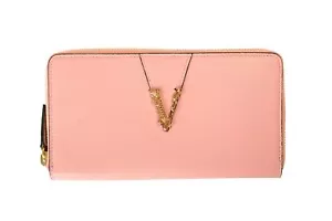 Versace Women's Pink 100% Pebbled Leather V-Logo Zip Around Wallet - Picture 1 of 8