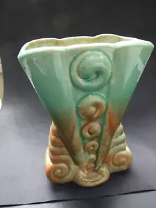 DIANA AUSTRALIAN POTTERY VASE GREEN BROWN SHAPED WITH SPIRALS 1950's - Picture 1 of 9