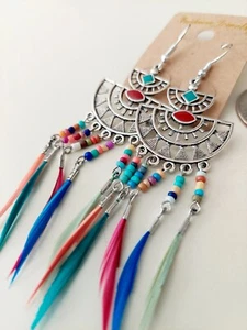3.5" Bohemian Style Colorful Feather Fashion Jewelry Earrings Costume Jewelry - Picture 1 of 7
