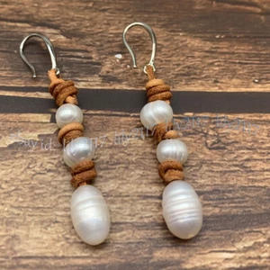 Natural 9-10mm White Freshwater Pearl Dangle Leather Rope Silver Hook Earrings - Picture 1 of 5