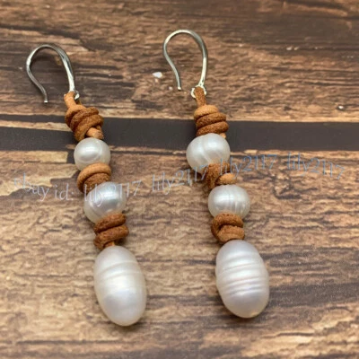 Brincos de gancho de prata com corda de couro pendurada pérola de água doce branca natural 9-10 mm - Imagem 1 de 4