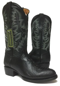 Mens Black Ostrich Foot Pattern Genuine Leather Western Dress Cowboy Boots Round - Picture 1 of 7
