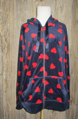 Torrid Sleep Blue Red Heart Print Velour Front Zip Lounge Hoodie Sz 2X 18-20 - Image 1 of 4