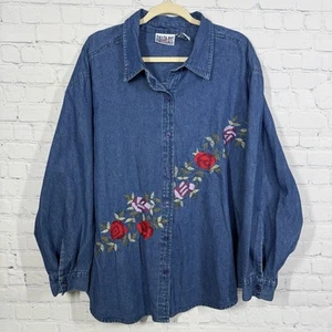 Vintage 90s Y2K Blouse Women Plus 2X Blue Denim Chambray Floral Embroidered Top - Picture 1 of 13