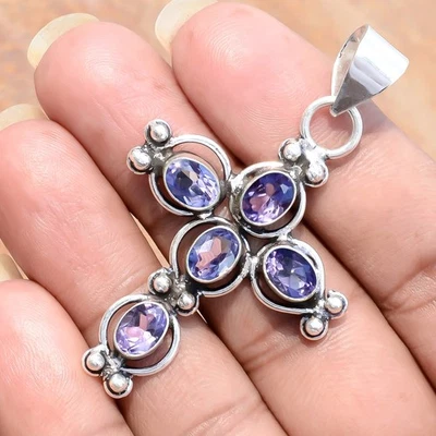 Pietra preziosa taglio ametista viola argento sterling 925 croce... - Immagine 1 di 4