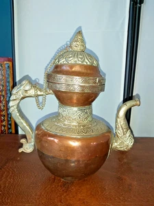 ANTIQUE TIBETAN COPPER & SILVER PLATED BRASS TEAPOT - Picture 1 of 15