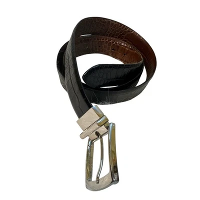 Cinturón Reversible Negro Marrón Cocodrilo Repujado Hebilla Plateada Ajustable Foto 1 de 4