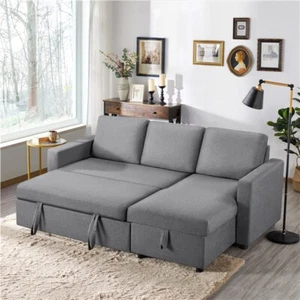 Convertible Sectional Reversible Sofa Couch Bed L-Shaped w/Chaise&USB Light Gray - Picture 1 of 12