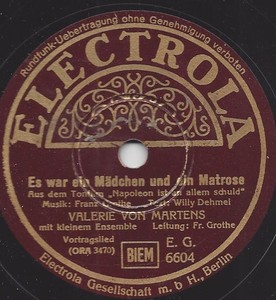 VALERIE VON MARTENS 1938 : Es war ein Mädchen und ein Matrose