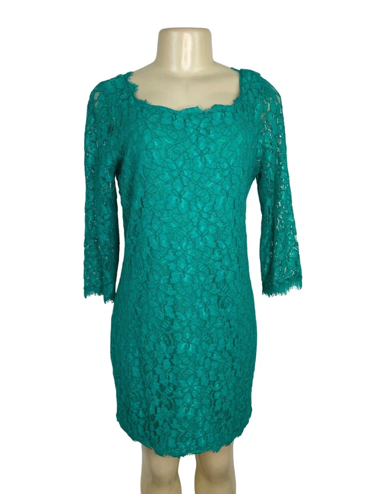 Diane Von Furstenberg Women’s Green Lace 3/4 Sleeve Cocktail Dress Size 12 - Image 1 of 4